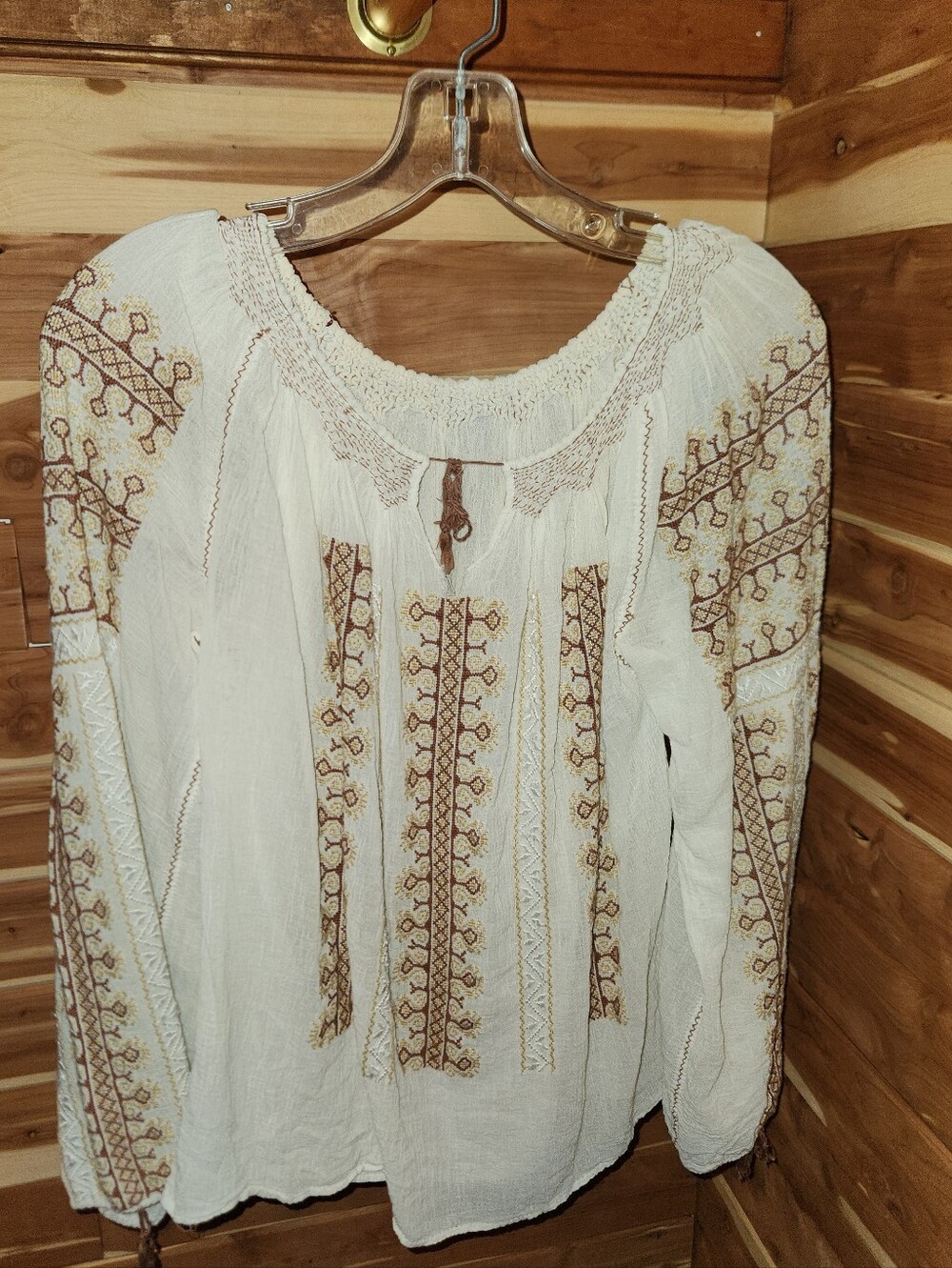 Vintage 70s Embroidered Boho Peasant Top - Cream with Brown Accents